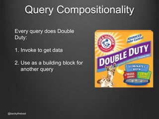 Query Compositionality 
Every query does Double 
Duty: 
1. Invoke to get data 
2. Use as a building block for 
another query 
@beckythebest 
 