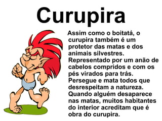Curupira
  Assim como o boitatá, o
  curupira também é um
  protetor das matas e dos
  animais silvestres.
  Representado por um anão de
  cabelos compridos e com os
  pés virados para trás.
  Persegue e mata todos que
  desrespeitam a natureza.
  Quando alguém desaparece
  nas matas, muitos habitantes
  do interior acreditam que é
  obra do curupira.
 