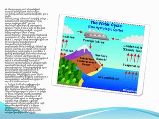 16. Ջուրը գոլորշու է վերածվում
տարվա ցանկացած եղանակին:
Նույնիսկ ձմռան սառնամանիքին` թե և
չնչին
մասով, բայց, այնուամենայնիվ, տեղի է
ունենում ջրի գոլորշիացում: Դրա
պարզ ապացույցն է` ցուրտ
եղանակներին շորերի չորացումը
դրսում: Պարզ է նա և այն, որ ինչքան
ջերմաստիճանը բարձր է, այդքան
ավելի արագ ու շատ է ջուր
գոլորշիանում: Ջուրը գոլորշիանալով
բարձրանում է վեր: Քանի որ այն շատ
թեթ և է, օդային տաք հոսանքների հետ
հեշտությամբ բարձրանում է`
հաղթահարելով ահռելի
բարձրություններ: Իհարկե, մենք չենք
կարող տեսնել, թե ինչպե՞ս են ջրային
կաթիլները բարձրանում, որովհետ և
դրանք թափանցիկ են և անտեսանելի:
Բազում անգամ ենք նկատել, թե
ինչպես է ջուրը գոլորշիանալով ցրվում
օդում և անտեսանելի դառնում:
Ցայտուն օրինակներից է կենցաղային
պայմաններում ջրի արհեստական
գոլորշիացումը: Եռացող թեյնիկի վրա
կուտակված գոլորշին խիտ է և
պարունակում է ջրային մանր
կաթիլներ: Թեյնիկից ոչ շատ վեր և
գոլորշին կարծես փոքրիկ մառախուղ է
առաջացնում, այնուհետ և ցրվում է
օդում և անհետանում:
17. Երկրի մակերևույթից ջրային
գոլորշիները, բարձրանալով
վեր, երկնքում ձևավորում են ամպեր:
Այդ ամպերը սկզբում լինում են փոքր
ու նոսր, սակայն աստիճանաբար
միանալով իրար` ձևավորում են
ահռելի մեծության ու ծանրության
ամպեր: Այդ ամպերն էլ քամու
օգնությամբ տեղաշարժվում են լայն
տարածություններով և ի վերջո
չկարողանալով այլևս դիմանալ
ծանրությանը` անձրևների, ձյան
տեսքով թափվում են ներքև:

 
