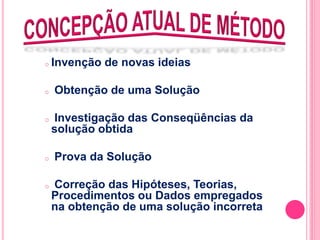 o Invenção de novas ideias 
o Obtenção de uma Solução 
o Investigação das Conseqüências da 
solução obtida 
o Prova da Solução 
o Correção das Hipóteses, Teorias, 
Procedimentos ou Dados empregados 
na obtenção de uma solução incorreta 
 