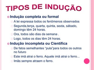  Indução completa ou formal 
A lei expressa todos os fenômenos observados 
Segunda,terça, quarta, quinta, sexta, sábado, 
domingo têm 24 horas. 
Ora, todos são dias da semana . 
Logo, todos os dias têm 24 horas. 
 Indução incompleta ou Científica 
De fatos semelhantes “pula”para todos os outros 
no futuro 
Este imã atrai o ferro. Aquele imã atrai o ferro... 
Imãs sempre atraem o ferro. 
 