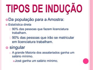 Da população para a Amostra: 
 Estatística direta 
90% das pessoas que fazem licenciatura 
trabalham. 
90% das pessoas que irão se matricular 
em licenciatura trabalham. 
 singular 
o A grande Maioria dos assalariados ganha um 
salário mínimo. 
José ganha um salário mínimo. 
 