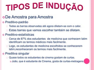 De Amostra para Amostra 
 Preditivo-padrão 
Todas as barras observadas até agora dilatam-se com o calor. 
Estas barras que vamos escolher também se dilatam. 
 Preditivo-estatísticas 
Cerca de 87% dos estudantes de medicina que conhecem latim 
identificam os termos médicos mais facilmente. 
Logo, os estudantes de medicina escolhidos se conhecerem 
latim,reconheceram os termos mais facilmente. 
 Preditiva singular 
Quase todos os estudantes de cinema gostam de curtas. 
 João, que é estudante de Cinema, gosta de curtas-metragens. 
 