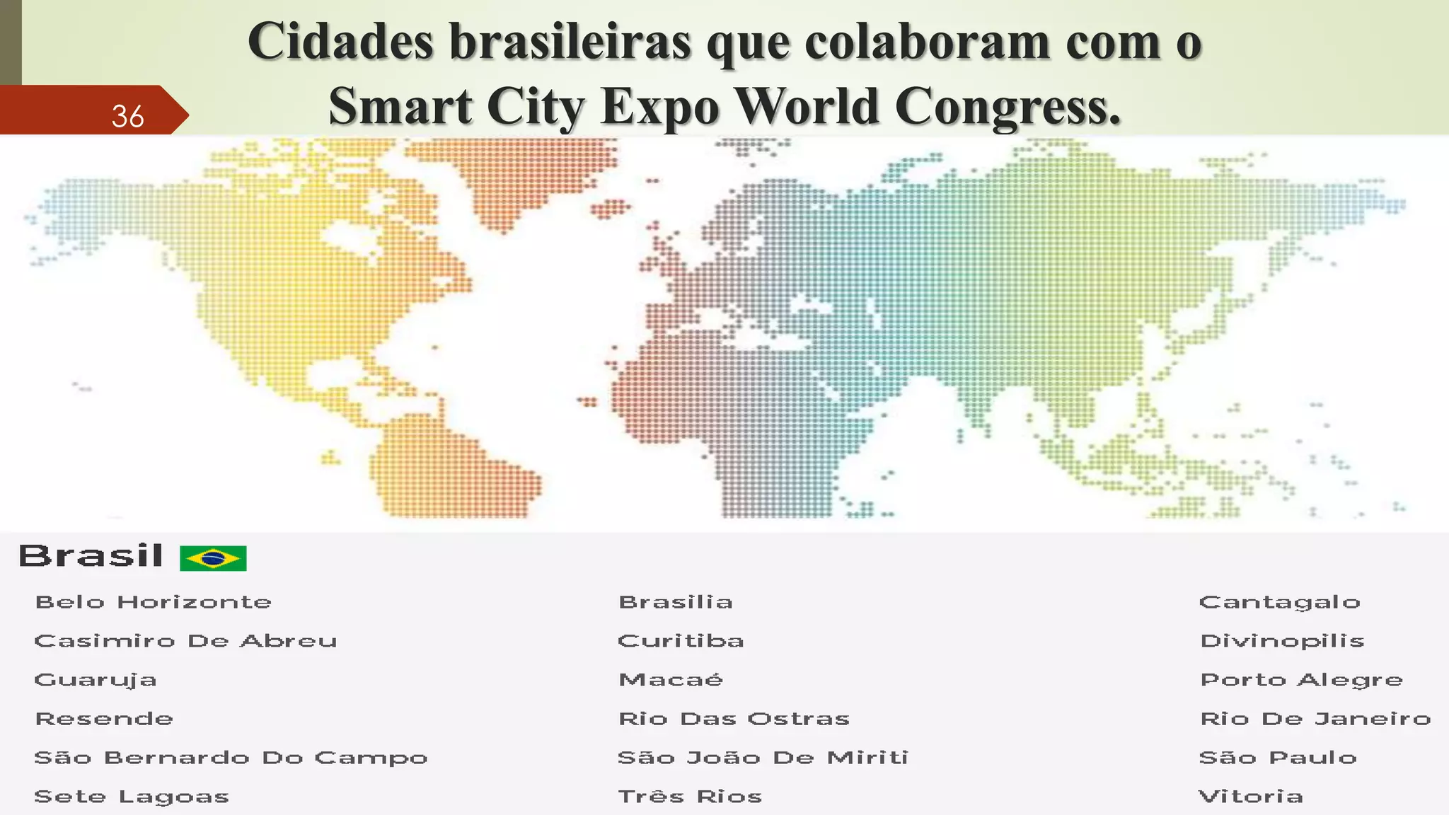 Cidades brasileiras que colaboram com o
Smart City Expo World Congress.36
 