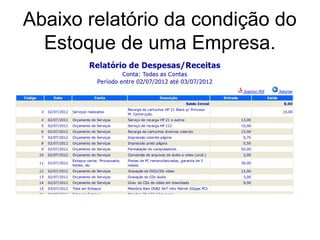 Abaixo relatório da condição do
  Estoque de uma Empresa.
 