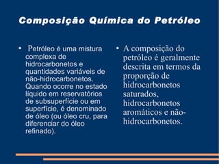 Composição Química do Petróleo P etróleo é uma mistura complexa de hidrocarbonetos e quantidades variáveis de não-hidrocarbonetos. Quando ocorre no estado líquido em reservatórios de subsuperfície ou em superfície, é denominado de óleo (ou óleo cru, para diferenciar do óleo refinado). A composição do petróleo é geralmente descrita em termos da proporção de hidrocarbonetos saturados, hidrocarbonetos aromáticos e não-hidrocarbonetos. 