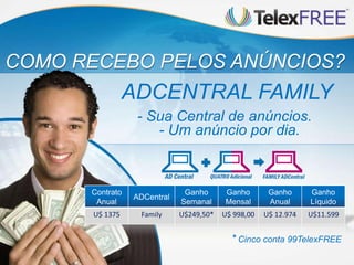 COMO RECEBO PELOS ANÚNCIOS?
                 ADCENTRAL FAMILY
                  - Sua Central de anúncios.
                     - Um anúncio por dia.



      Contrato                Ganho      Ganho        Ganho      Ganho
                 ADCentral
       Anual                 Semanal     Mensal       Anual      Líquido
       U$ 1375    Family     U$249,50*   U$ 998,00   U$ 12.974   U$11.599


                                           * Cinco conta 99TelexFREE
 