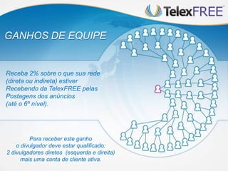 GANHOS DE EQUIPE


Receba 2% sobre o que sua rede
(direta ou indireta) estiver
Recebendo da TelexFREE pelas
Postagens dos anúncios
(até o 6º nível).




         Para receber este ganho
    o divulgador deve estar qualificado:
2 divulgadores diretos (esquerda e direita)
      mais uma conta de cliente ativa.
 