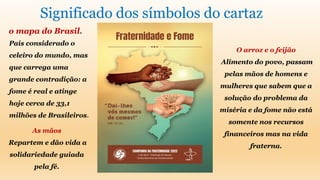 Significado dos símbolos do cartaz
o mapa do Brasil.
País considerado o
celeiro do mundo, mas
que carrega uma
grande contradição: a
fome é real e atinge
hoje cerca de 33,1
milhões de Brasileiros.
O arroz e o feijão
Alimento do povo, passam
pelas mãos de homens e
mulheres que sabem que a
solução do problema da
miséria e da fome não está
somente nos recursos
financeiros mas na vida
fraterna.
As mãos
Repartem e dão vida a
solidariedade guiada
pela fé.
 