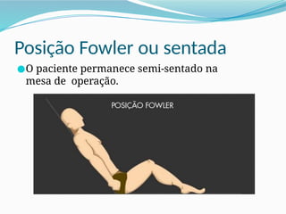 Posição Fowler ou sentada
●O paciente permanece semi-sentado na
mesa de operação.
 