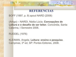 REFERENCIAS
BOFF (1997, p. 9) apout NARD (2006)

(Artigo) – NARDI, Nádia Lúcia. Concepções de
Leitura e o desafio de ser leitor. Concórdia, Santa
Catarina, I Semestre 2006.

RUDDEL (1976)

KLEIMAN, Angela. Leitura: ensino e pesquisa.
Campinas, 3ª ed, SP: Pontes Editores, 2008.
 