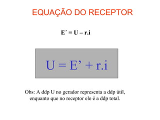 EQUAÇÃO DO RECEPTOR
U = E’ + r.i
E´ = U – r.i
Obs: A ddp U no gerador representa a ddp útil,
enquanto que no receptor ele é a ddp total.
 