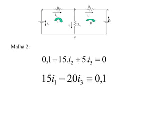 Malha 2:
0.5.151,0 32 =+− ii
1,02015 31 =− ii
i1
R1
R2
R3
ε1
ε2
i3
i2
a b c
d
I II
 
