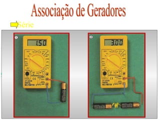 A B
Série
r1E1 r2E2 r3E3
A B
reqEeq
Gerador Equivalente
Eeq = E1 + E2 + E3
req = r1 + r2 + r3
 