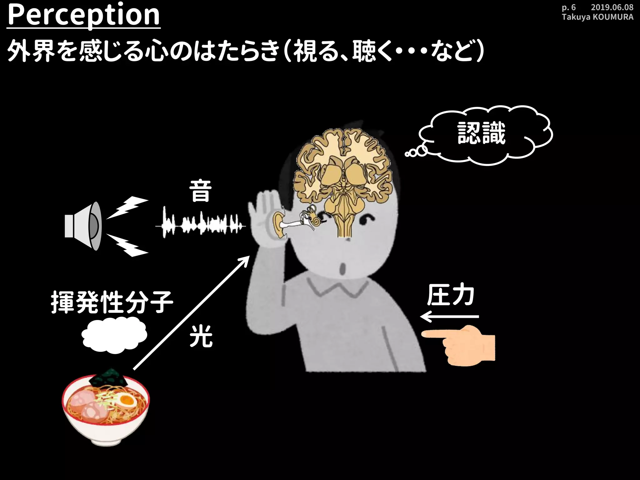 2019.06.08
Takuya KOUMURA
p. 6
Perception
認識
音
外界を感じる心のはたらき（視る、聴く・・・など）
光
揮発性分子 圧力
 