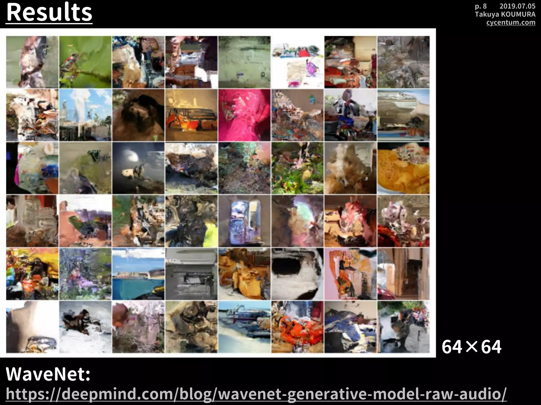 2019.07.05
Takuya KOUMURA
cycentum.com
p. 8
Results
64×64
WaveNet:
https://deepmind.com/blog/wavenet-generative-model-raw-audio/
 