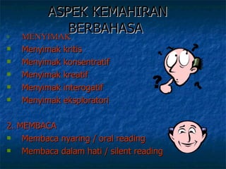 ASPEK KEMAHIRAN BERBAHASA  MENYIMAK   Menyimak kritis  Menyimak konsentratif Menyimak kreatif  Menyimak interogatif Menyimak eksploratori  2. MEMBACA  Membaca nyaring / oral reading  Membaca dalam hati / silent reading   