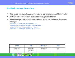 Stalled restart detection DB2 restart can be stalled, e.g., for archive log tape mounts or HSM recalls A DB2 timer task will now monitor recovery phase of restart If the restart processor has been suspended more than 2 minutes, issue new messages: DSNR055I  csect  RESTART SUSPENDED SINCE time . . .  DSNR056I  csect  RESTART SUSPENDED ON IRLM REQUEST . . .  DSNR057I  csect  RESOURCE INFORMATION  DBID . . .  DSNR058I  csect  ACCESSING ARCHIVE LOG data-set-name F504 2005/04/06 UK01653 (also V7) PK01245 PUT PTF Avail. PTF APAR 