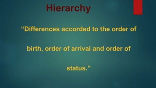 Hierarchy
“Differences accorded to the order of
birth, order of arrival and order of
status.”
 