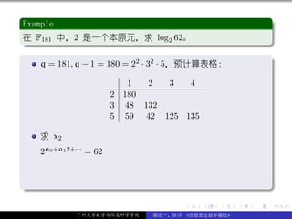 .
 Example                                                         .
..
 在 F181 中，2 是一个本原元，求 log2 62。
 .




                                                                 .
 ..                                                          .
 .
     q = 181, q − 1 = 180 = 22 · 32 · 5，预计算表格：                   .

                             1  2  3   4
                          2 180
                          3 48 132
                          5 59 42 125 135

     求 x2
     2a0 +a1 2+··· = 62


.




                                                                 .
..                                                           .
                                       .    .   .    .   .           .

               广州大学数学与信息科学学院     裴定一、徐详 《信息安全数学基础》
 