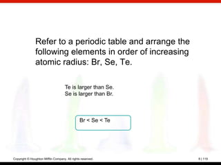 Refer to a periodic table and arrange the
                following elements in order of increasing
                atomic radius: Br, Se, Te.

                                     Te is larger than Se.
                                     Se is larger than Br.



                                                Br < Se < Te




Copyright © Houghton Mifflin Company. All rights reserved.     8 | 119
 