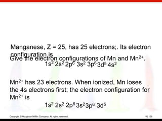 Manganese, Z = 25, has 25 electrons;. Its electron
configuration is
Give the electron configurations of Mn and Mn2+.
            1s2 2s2 2p6 3s2 3p6 3d5 4s2

Mn2+ has 23 electrons. When ionized, Mn loses
the 4s electrons first; the electron configuration for
Mn2+ is
             1s2 2s2 2p6 3s2 3p6 3d5
Copyright © Houghton Mifflin Company. All rights reserved.   9 | 129
 