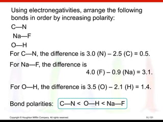 Using electronegativities, arrange the following
bonds in order by increasing polarity:
C—N
 Na—F
O—H
For C—N, the difference is 3.0 (N) – 2.5 (C) = 0.5.
For Na—F, the difference is
                           4.0 (F) – 0.9 (Na) = 3.1.

For O—H, the difference is 3.5 (O) – 2.1 (H) = 1.4.

Bond polarities: C—N < O—H < Na—F
Copyright © Houghton Mifflin Company. All rights reserved.   9 | 131
 