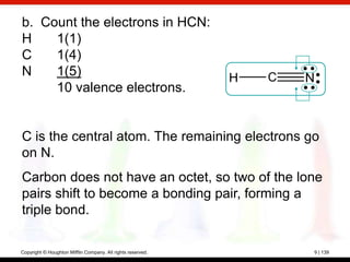 b. Count the electrons in HCN:
H    1(1)
C    1(4)
N    1(5)                                                    H   C   N
     10 valence electrons.


C is the central atom. The remaining electrons go
on N.
Carbon does not have an octet, so two of the lone
pairs shift to become a bonding pair, forming a
triple bond.

Copyright © Houghton Mifflin Company. All rights reserved.           9 | 139
 