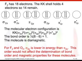 F2 has 18 electrons. The KK shell holds 4
electrons so 14 remain.



                                                                  *
2s                    2s                           2p        2p   2p         2p

The molecular electron configuration is
     KK( 2s)2( 2s)2( 2p)4( 2p)2 ( *2p)4
The bond order is ½(8 - 6) = 1.
The molecule is diamagnetic.

For F2 and O2, 2p is lower in energy than 2p. This
order would not affect the determination of bond
order and magnetic properties for these molecules.
Copyright © Houghton Mifflin Company. All rights reserved.             10 | 162
 