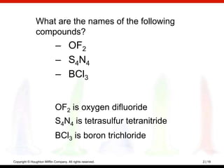 What are the names of the following
                compounds?
                              – OF2
                              – S4N4
                              – BCl3


                             OF2 is oxygen difluoride
                             S4N4 is tetrasulfur tetranitride
                             BCl3 is boron trichloride

Copyright © Houghton Mifflin Company. All rights reserved.      2 | 19
 