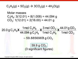 C3H8(g) + 5O2(g)  3CO2(g) + 4H2O(g)

       Molar masses
       C3H8: 3(12.01) + 8(1.008) = 44.094 g
       CO2: 1(12.01) + 2(16.00) = 44.01 g

               1 mol C3H8    3 mol CO 2 44.01 g CO 2
20.0 g C3H8 X              X           X
              44.094 g C3H8 1 mol C3H8   1 mol CO 2
                                              59.8856987 g CO 2
                                                       3

                                                59.9 g CO2
                                           (3 significant figures)

  Copyright © Houghton Mifflin Company. All rights reserved.         3 | 38
 