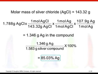 Molar mass of silver chloride (AgCl) = 143.32 g

                1 mol AgCl   1 mol Ag 107.9 g Ag
1.788 g AgCl x             x          x
               143.32g AgCl 1 mol AgCl 1 mol Ag

                             = 1.346 g Ag in the compound

                                       1.346 g Ag
                                                         X 100%
                                 1.583 g silver compound

                                                     = 85.03% Ag


 Copyright © Houghton Mifflin Company. All rights reserved.        4 | 55
 