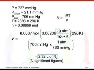P = 727 mmHg
          Pvapor = 21.1 mmHg
          Pgas = 706 mmHg                                         nRT
                                                             V
          T = 23°C = 296 K                                         P
          n = 0.08869 mol
                                           L atm
                        0.0887 mol 0.08206       (296 K)
                                           mol K
         V
                                           1 atm
                             706 mmHg x
                                        760 mmHg

                                            = 2.32 L of N2
                                        (3 significant figures)
Copyright © Houghton Mifflin Company. All rights reserved.              5 | 82
 