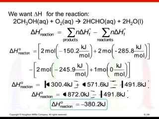 We want H for the reaction:
 2CH3OH(aq) + O2(aq)  2HCHO(aq) + 2H2O(l)
                     ΔHreaction                                nΔH f           nΔH f
                                                     products           reactants
                                                            kJ                        kJ
ΔH reacton
   o
                               2 mol                  150.2             2 mol - 285.8
                                                           mol                       mol
                                                        kJ                    kJ
                           2 mol                  245.9                1mol 0
                                                       mol                    mol
    o
  ΔHreaction                             300.4kJ                   571.6kJ          491.8kJ
                        o
                      ΔHreaction                             872.0kJ       491.8kJ
                                            o
                                          ΔHreaction              380.2kJ
Copyright © Houghton Mifflin Company. All rights reserved.                                6 | 99
 