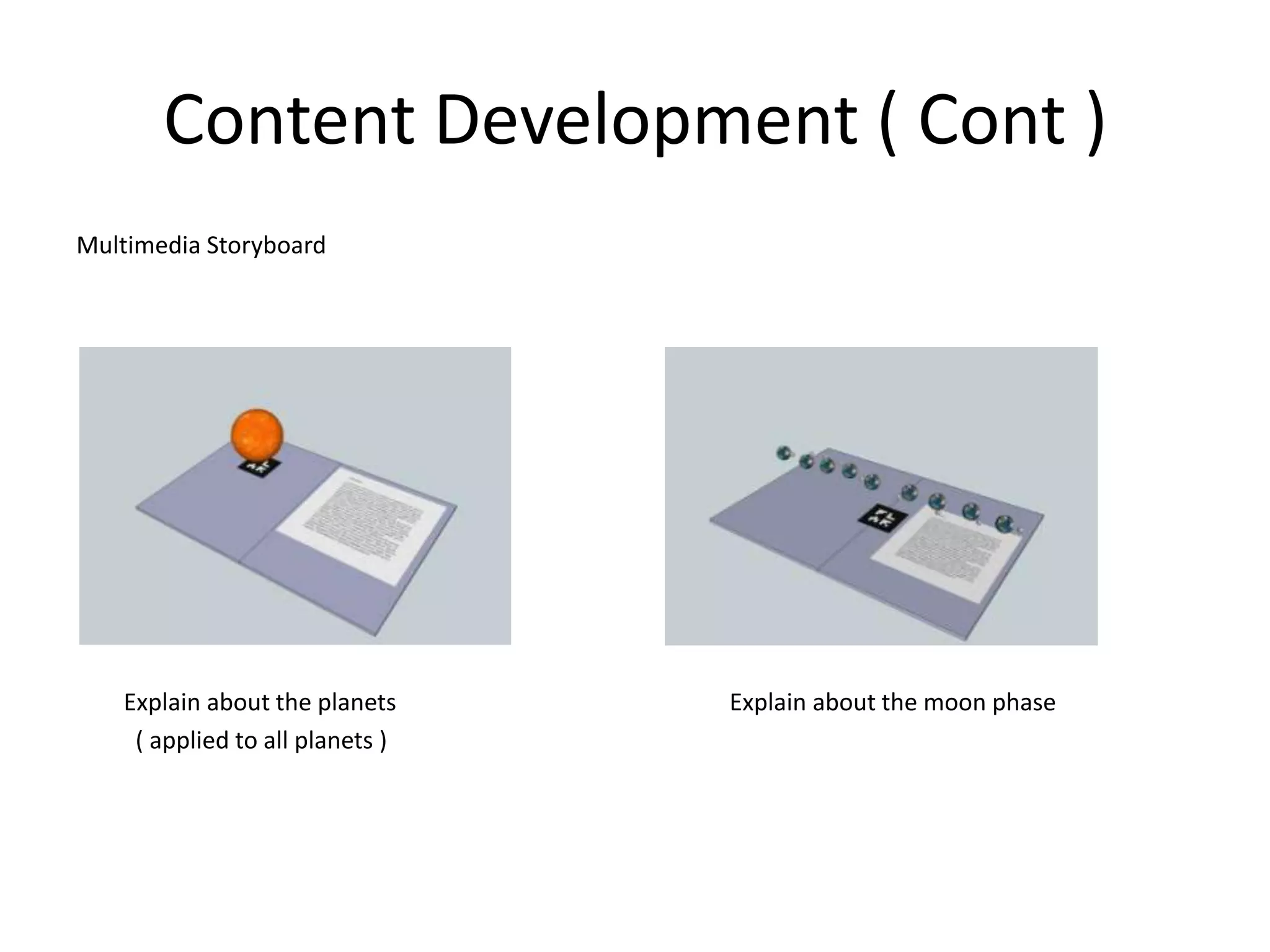 Content Development ( Cont )Multimedia Storyboard       Explain about the planets                                                        Explain about the moon phase                                                                                                                    ( applied to all planets )