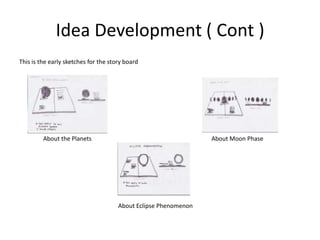 Idea Development ( Cont )This is the early sketches for the story board               About the Planets                                                                                About Moon Phase                                                                 About Eclipse Phenomenon