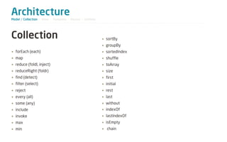 Architecture
Model / Collection - View - Template - Router - Utilities




Collection                                                  • sortBy
                                                            • groupBy
• forEach (each)                                            • sortedIndex
• map                                                       • shuffle
• reduce (foldl, inject)                                    • toArray
• reduceRight (foldr)                                       • size
• find (detect)                                             • first
• filter (select)                                           • initial
• reject                                                    • rest
• every (all)                                               • last
• some (any)                                                • without
• include                                                   • indexOf
• invoke                                                    • lastIndexOf
• max                                                       • isEmpty
• min                                                       • chain
 