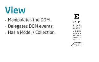 View
•   Manipulates the DOM.
•   Delegates DOM events.
•   Has a Model / Collection.
 