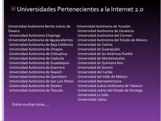 Universidades   Pertenecientes  a la Internet 2.0 Universidad Autónoma Benito Juárez de Oaxaca  Universidad Autónoma Chapingo  Universidad Autónoma de Aguascalientes  Universidad Autónoma de Baja California  Universidad Autónoma de Chiapas  Universidad Autónoma de Chihuahua  Universidad Autónoma de Coahuila  Universidad Autónoma de Guadalajara  Universidad Autónoma de Guerrero  Universidad Autónoma de Nayarit  Universidad Autónoma de Querétaro  Universidad Autónoma de San Luis Potosí  Universidad Autónoma de Sinaloa  Universidad Autónoma de Tlaxcala  Universidad Autónoma de Yucatán  Universidad Autónoma de Zacatecas  Universidad Autónoma del Carmen  Universidad Autónoma del Estado de México  Universidad de Colima  Universidad de Guanajuato  Universidad de las Américas Puebla  Universidad de Montemorelos Universidad de Quintana Roo  Universidad de Sonora  Universidad del Caribe  Universidad del Valle de México  Universidad Iberoamericana  Universidad Juárez Autónoma de Tabasco  Universidad Juárez del Estado de Durango  Universidad La Salle  Universidad Latina  Entre muchas otras….. 