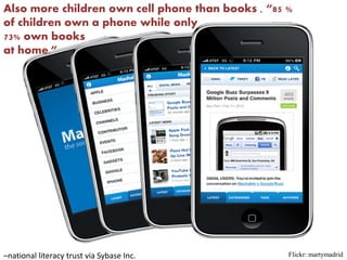 Also more children own cell phone than books , “85 %
of children own a phone while only
73% own books
at home.”




–national literacy trust via Sybase Inc.           Flickr: martymadrid
 