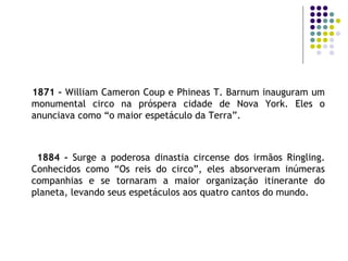 1871 –  William Cameron Coup e Phineas T. Barnum inauguram um monumental circo na próspera cidade de Nova York. Eles o anunciava como “o maior espetáculo da Terra”. 1884 –  Surge a poderosa dinastia circense dos irmãos Ringling. Conhecidos como “Os reis do circo”, eles absorveram inúmeras companhias e se tornaram a maior organização itinerante do planeta, levando seus espetáculos aos quatro cantos do mundo. 