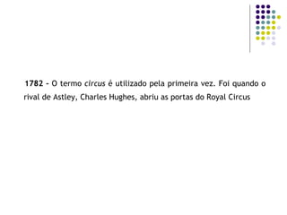 1782 –  O termo  circus  é utilizado pela primeira vez. Foi quando o rival de Astley, Charles Hughes, abriu as portas do Royal Circus   