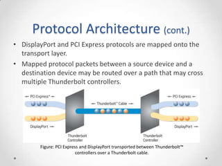 Protocol Architecture (cont.)DisplayPort and PCI Express protocols are mapped onto the transport layer.Mapped protocol packets between a source device and a destination device may be routed over a path that may cross multiple Thunderbolt controllers.Figure: PCI Express and DisplayPort transported between Thunderbolt™ controllers over a Thunderbolt cable.