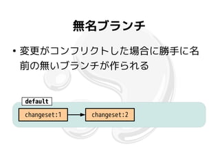 無名ブランチ
●
    変更がコンフリクトした場合に勝手に名
    前の無いブランチが作られる


    default

    changeset:1    changeset:2
 