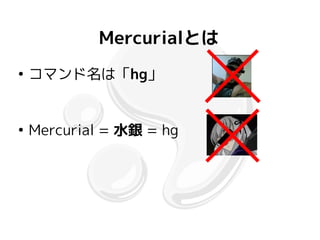Mercurialとは
●
    コマンド名は「hg」


●
    Mercurial = 水銀 = hg
 