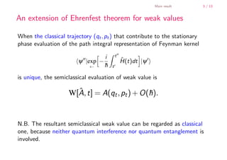 Main result        3 / 13


        An extension of Ehrenfest theorem for weak values

        When the classical trajectory (qt , pt ) that contribute to the stationary
        phase evaluation of the path integral representation of Feynman kernel

                                         i        t
                                ψ |exp −              H(t)dt |ψ
                                                      ˆ
                                    ←    h
                                         ¯    t

        is unique, the semiclassical evaluation of weak value is

                              ˆ
                            W[A, t] = A(qt , pt ) + O(h).
                                                      ¯


        N.B. The resultant semiclassical weak value can be regarded as classical
        one, because neither quantum interference nor quantum entanglement is
        involved.

    .
.
 