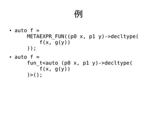 例
●   auto f =
        METAEXPR_FUN((p0 x, p1 y)->decltype(
             f(x, g(y))
        ));
●   auto f =
        fun_t<auto (p0 x, p1 y)->decltype(
             f(x, g(y))
        )>();
 
