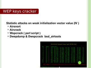 WEP keys cracker


 Statistic attacks on weak initialization vector value (IV )
  ●
    Airsnort
  ●
    Aircrack
  ●
    Wepcrack ( perl script )
  ●
    Dwepdump & Dwepcrack bsd_airtools
 