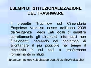 ESEMPI DI ISTITUZIONALIZZAZIONE
           DEL TRASHWARE


    Il progetto Trashflow del Circondario
    Empolese Valdelsa nasce nell'anno 2006
    dall'esigenza degli Enti locali di smaltire
    correttamente gli strumenti informatici non
    funzionanti, cercando nel contempo di
    allontanare il più possibile nel tempo il
    momento in cui essi si trasformano
    formalmente in rifiuti.
http://rcu.empolese-valdelsa.it/progetti/trashflow/index.php
 