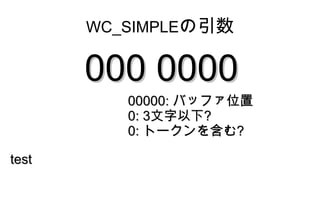 WC_SIMPLEの引数


       000 0000
          00000: バッファ位置
          0: 3文字以下?
          0: トークンを含む?

test
 